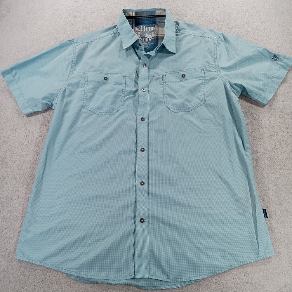 KUHL Mens Shirt Short Sleeve Button Down Blue Medium Micro Check
